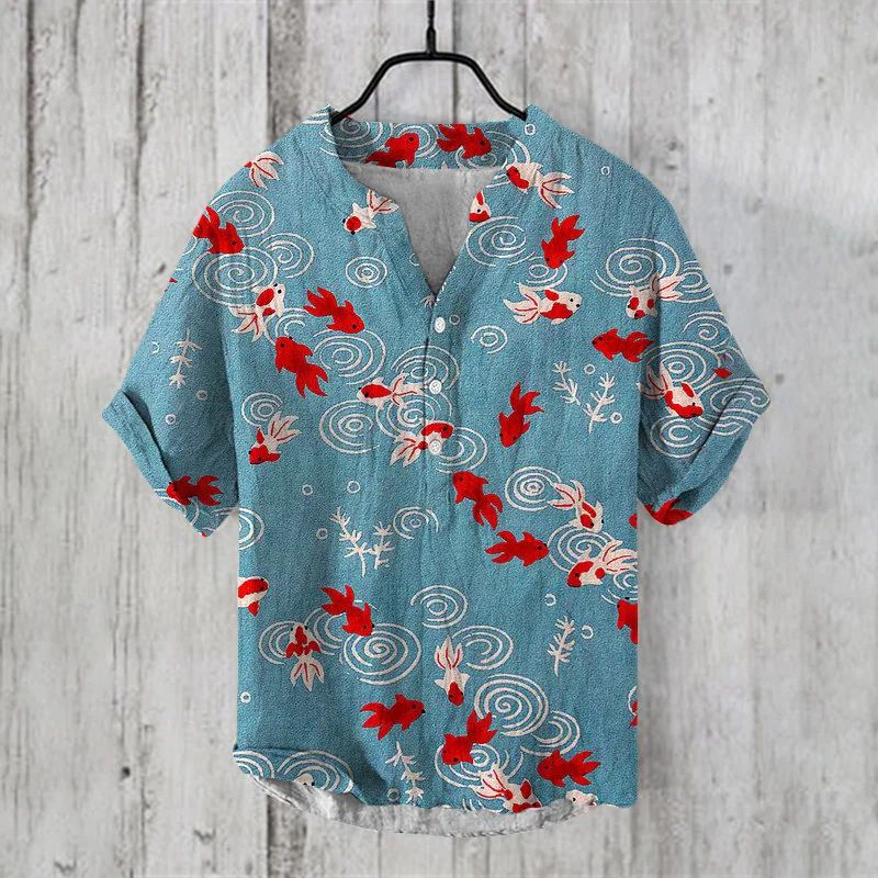 Henry men's casual fashion outdoor seaside men's tops shirt V-neck linen shirt 2024 new plus size