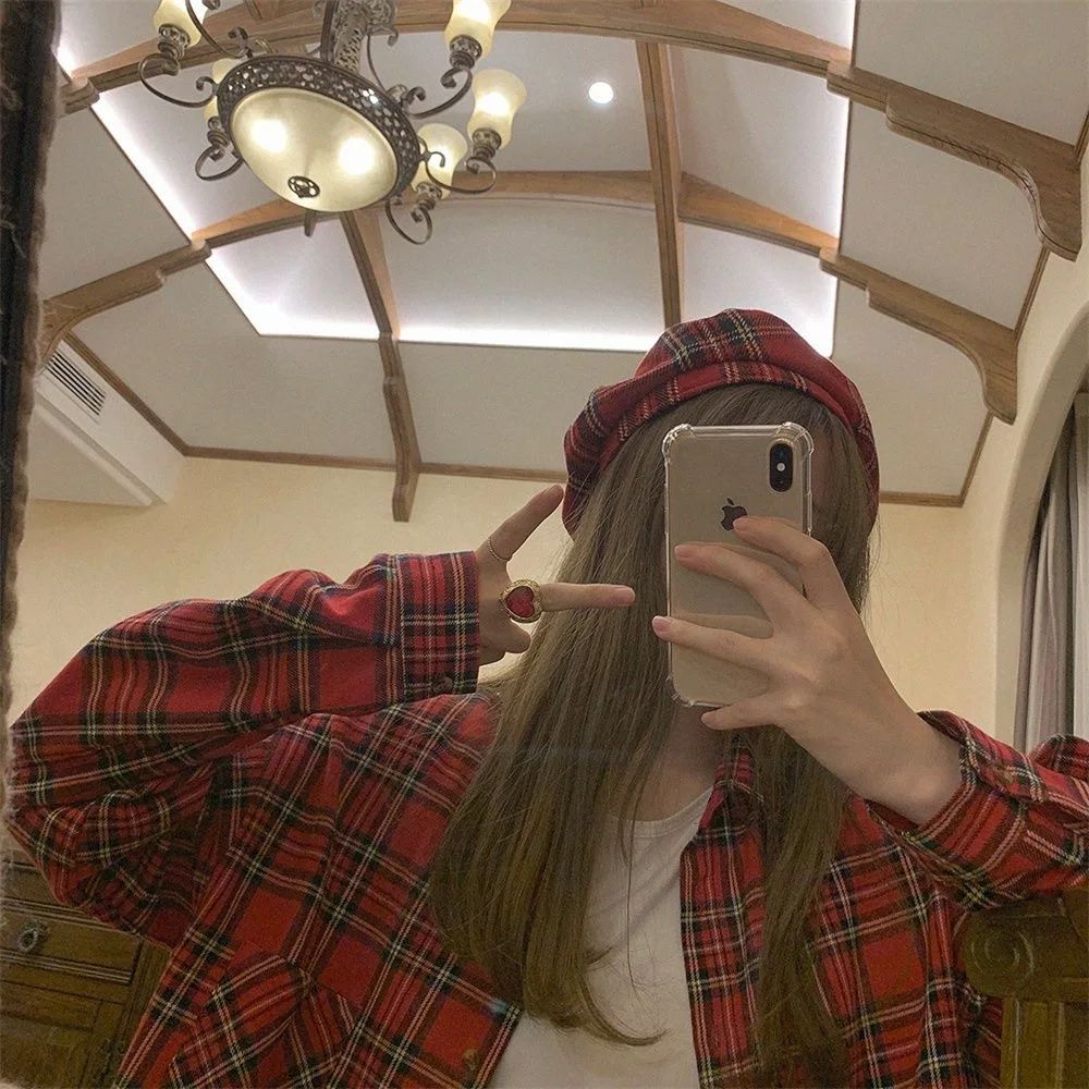 Scottish Red Plaid Shirt Luxury Hong Kong Style Vintage Loose Fit Women's Button up Shirt Polo Collar Full Sleeve Slim Fit