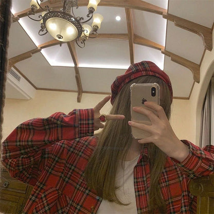 Scottish Red Plaid Shirt Luxury Hong Kong Style Vintage Loose Fit Women's Button up Shirt Polo Collar Full Sleeve Slim Fit