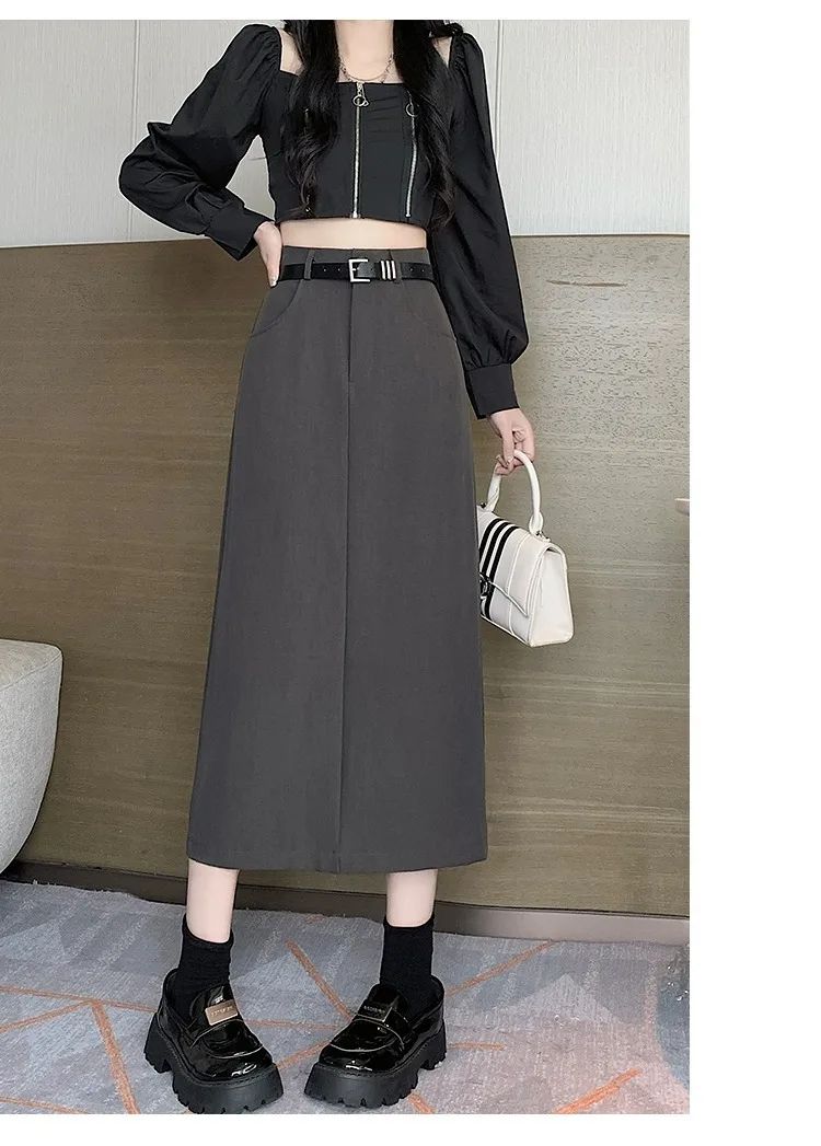 Grey High-waisted A- line Skirt Half Dress Petite Long Dress Autumn/winter For Women Side Slit Workwear