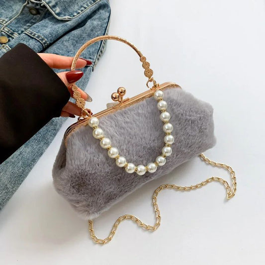 New suede pearl fashionable handbag small shoulder bag,metal handle highlights noble temperament,pearl chain adds elegant charm