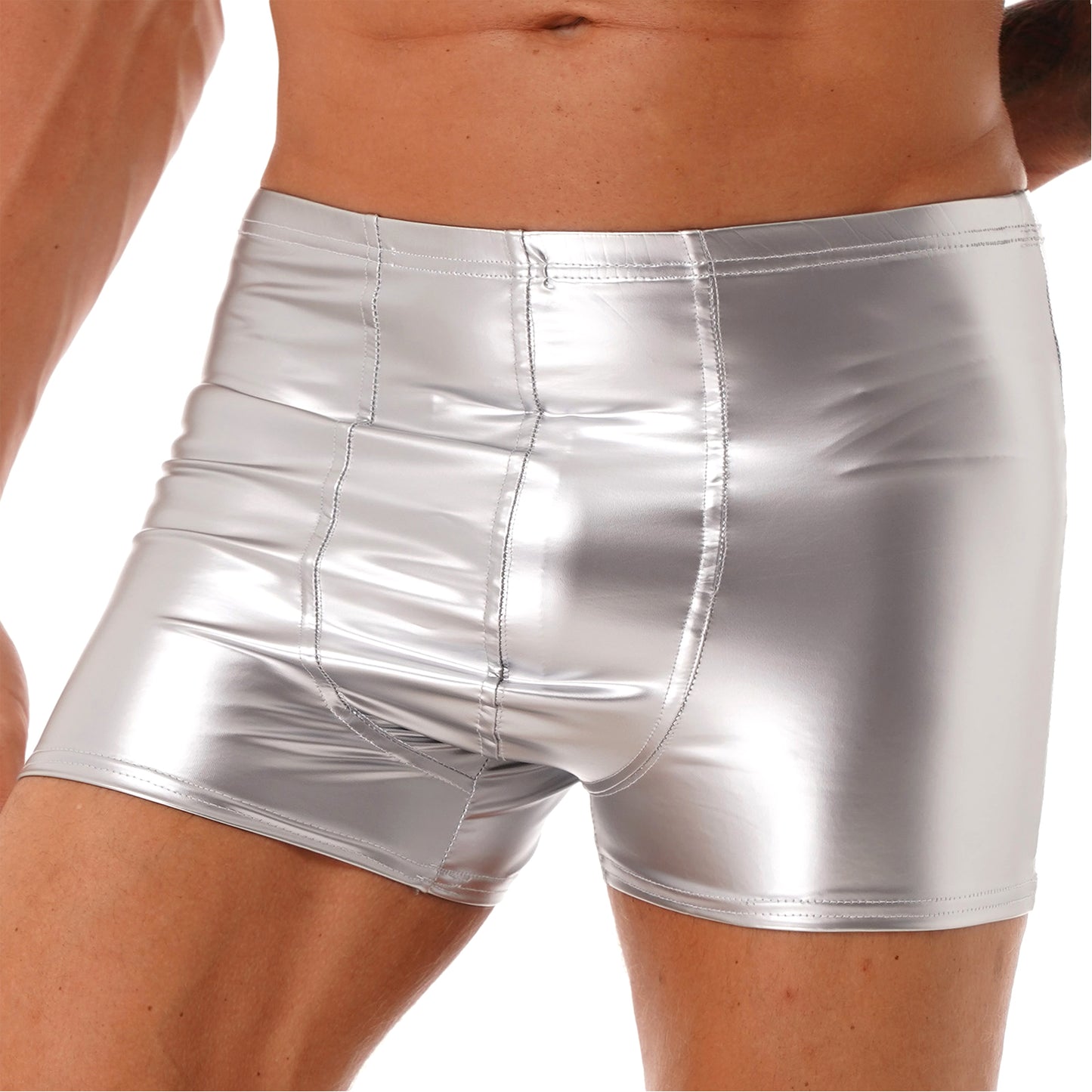 Mens Patent Leather Shorts Dance Performance Clubwear Wet Look Pants Elastic Waistband ShortsBulge Pouch Boxer Briefs Shorts