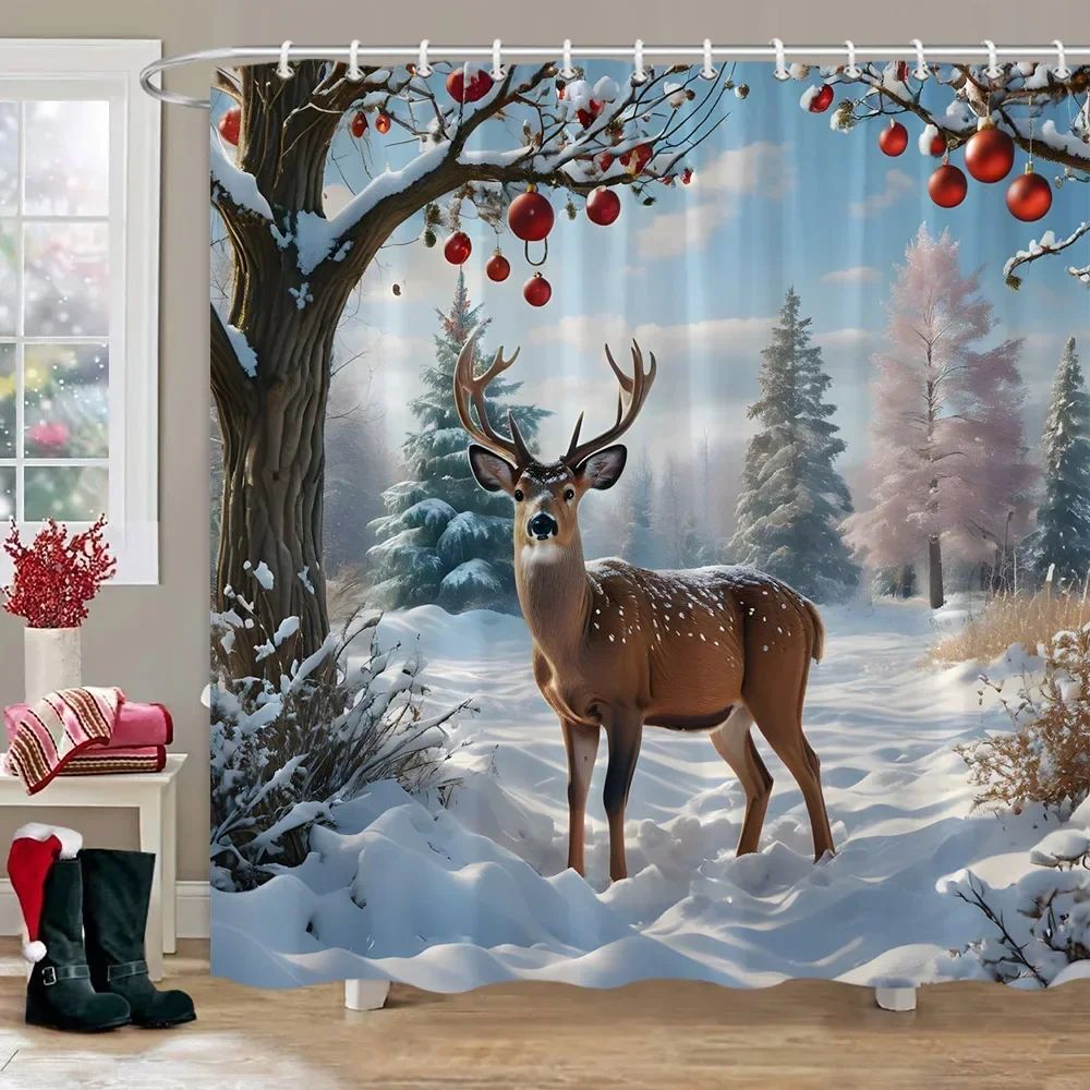 Winter Snow Forest Deer Shower Curtain Christmas Nature Landscape Christmas Gift Polyester Fabric Shower Curtains Bathroom Dec