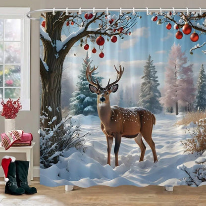 Winter Snow Forest Deer Shower Curtain Christmas Nature Landscape Christmas Gift Polyester Fabric Shower Curtains Bathroom Dec