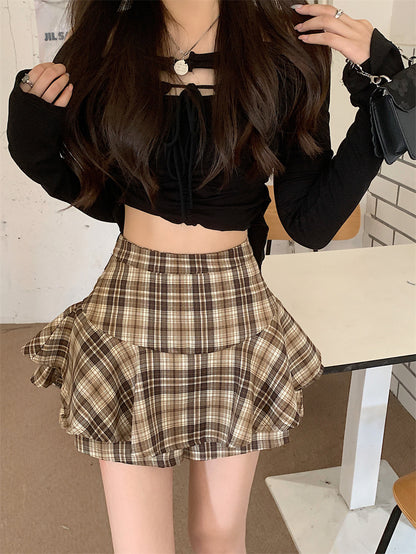 Tiered Mini Skirt Y2K High Waist Tartan Ruffled Plaid Skirt Skort Women Aesthetic Outfit