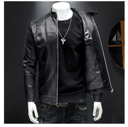 Men's Biker Leather Jacket Autumn Winter Thickened Fleece Casual Versatile Slim Fit Large Size PU Leather Coat