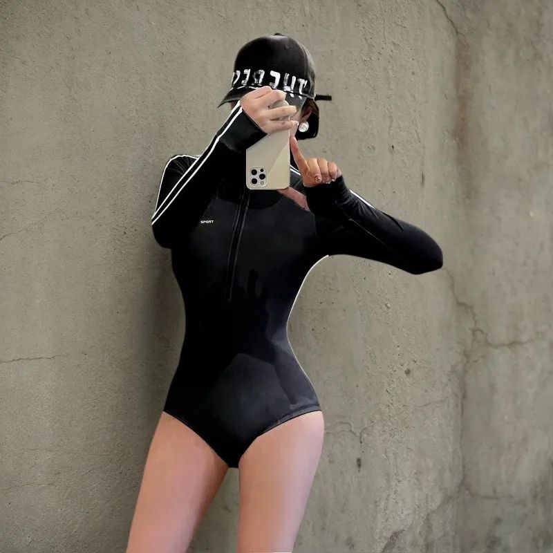 Long Sleeve Swimsuit Women Full Body Wetsuit Front Zip One Piece Bathing Suit with Built in Bra for Wakeboarding Diving Vacation