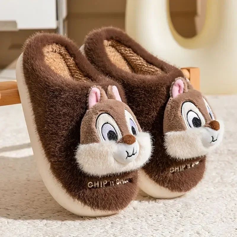 Chinelo de algodão de pelúcia com desenho animado Disney Tico e Teco, fofo, para homens e mulheres, confortável, macio, antiderrapante, resistente ao desgaste e quente para o inverno