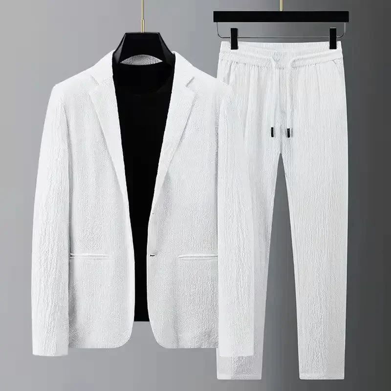 Men Suit Drawstring Pants Blazers Men's Sets Tracksuit Spring Autumn Pleated Suits Thin Casual Outfits Black White Single Button