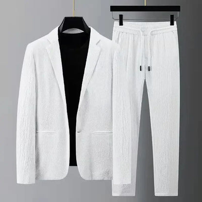 Men Suit Drawstring Pants Blazers Men's Sets Tracksuit Spring Autumn Pleated Suits Thin Casual Outfits Black White Single Button