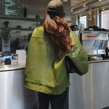 Olive Green Leather Jacket Coat Silhouette Vintage High Street Trend Zipper Lapel Short Overcoat Loose Casual Top Outwear Autumn