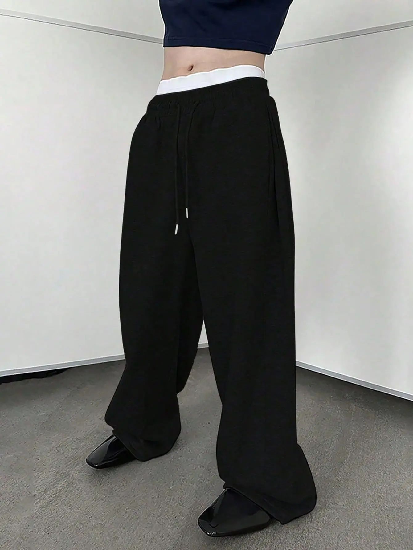 25 European and American men's waist trousers waist drawstring straight wide-leg loose trousers sports trousers pocket men pants