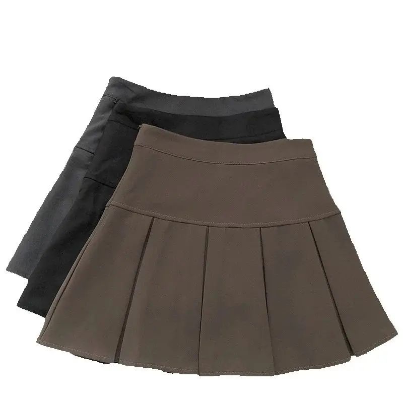 Vintage Brown Pleated Skirt Women Spring Summer Korean Style Y2K High Waisted A-line Mini Skirts Preppy Style Girls Causal
