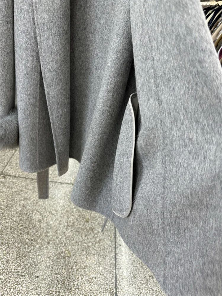 New Natural Fox Fur Thick Double-sided Wool Coat Female Short Autumn Winter Loose Lace-up Woolen Coats Women Fashion Overcoats