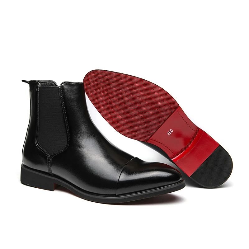 Botas masculinas Chelsea com sola vermelha, tornozelo, bico redondo para negócios, estilo Aura, sapatos masculinos tamanho 38-46, botas masculinas