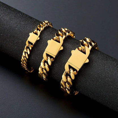 Pulseira Acessório Masculina de Aço Inoxidável 316 Banhada a Ouro 18k, Corrente Cubana Criptografada de 8, 10, 12mm, Estilo Miami Rap Hip Hop