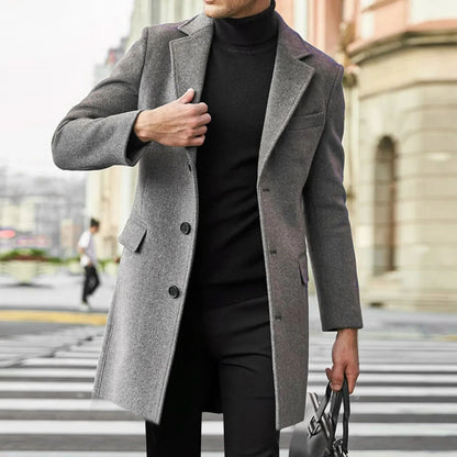Men's British-style Woolen Overcoat in Korean Version, Fashionable Single-breasted, Mid-to-long Style Coat for Autumn and Winter