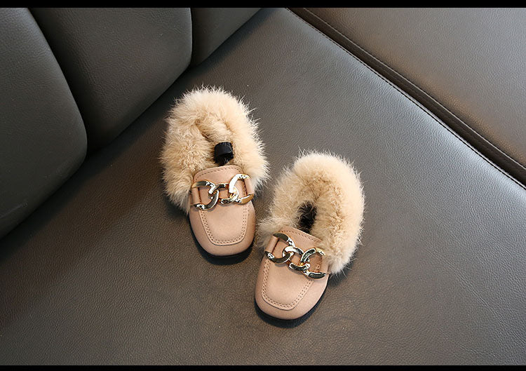 Kids Fur Shoes Children Velvet Shoes Baby Girls Warm Flats Toddler Black Brand Shoes Princess Loafer Chain Moccasin For Winter