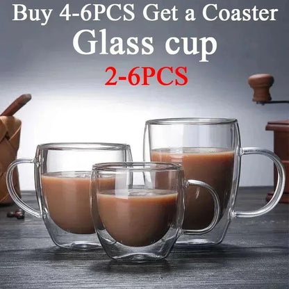 Caneca transparente de parede dupla 2-6 peças Copo de café e leite de vidro borossilicato alto resistente ao calor para casa e escritório