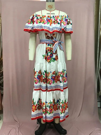 2024 Spring Summer New Independent Stand Amazon Off-shoulder Red Flower Printing Long Dress Oversized Wide Hemline Sleeveless