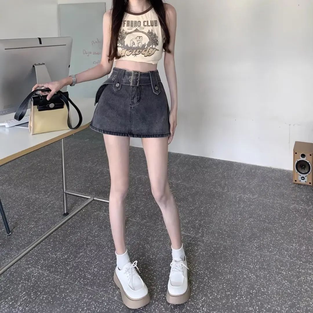 Plus Size High Waist Denim Mini Skirt for Women in Black Grey plus Size Slimming Summer New Style Short Skirts Sexy Girl Hong...