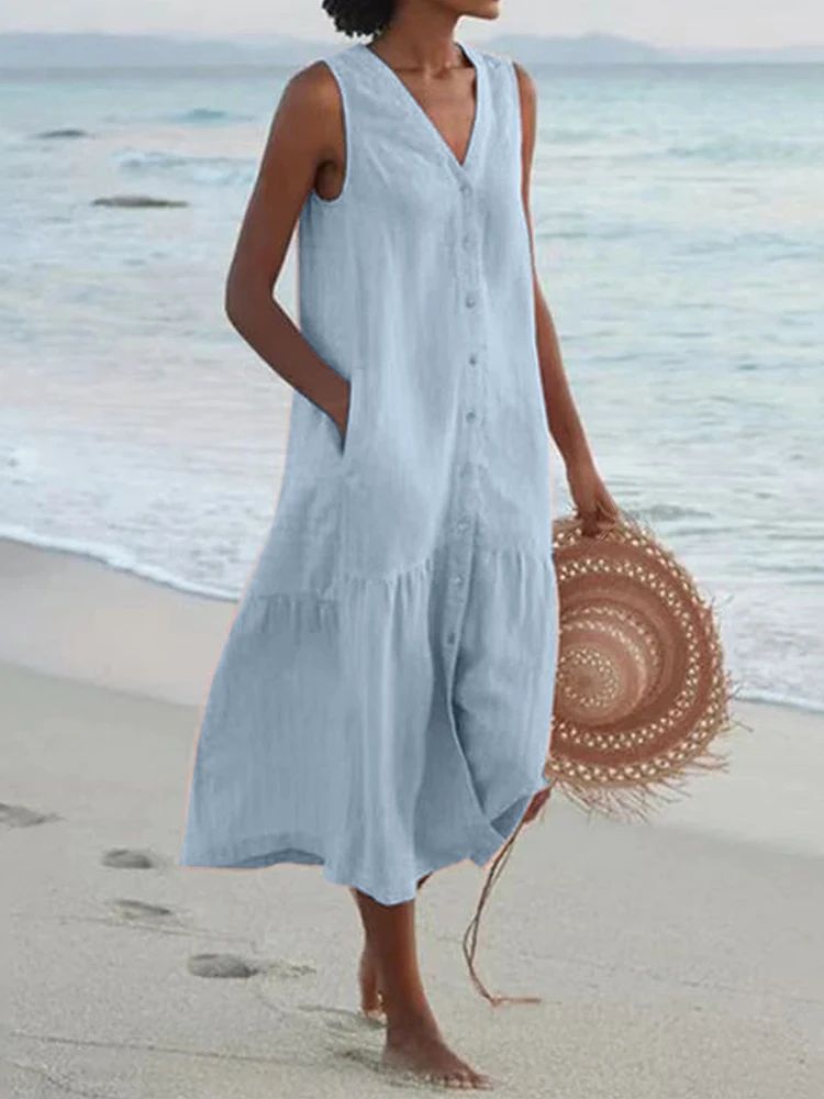 Summer Loose Casual Patchwork Cotton Linen Pocktes Dress V Neck Beach Style Dres