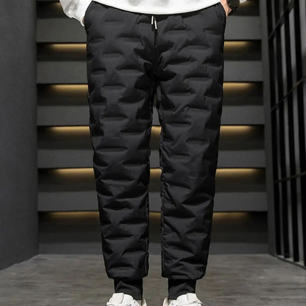 Men Autumn Winter White Duck Down Padded Thermal Sweatpants Elastic Waist Drawstring Pockets Thickened Joggers Pants Streetwear