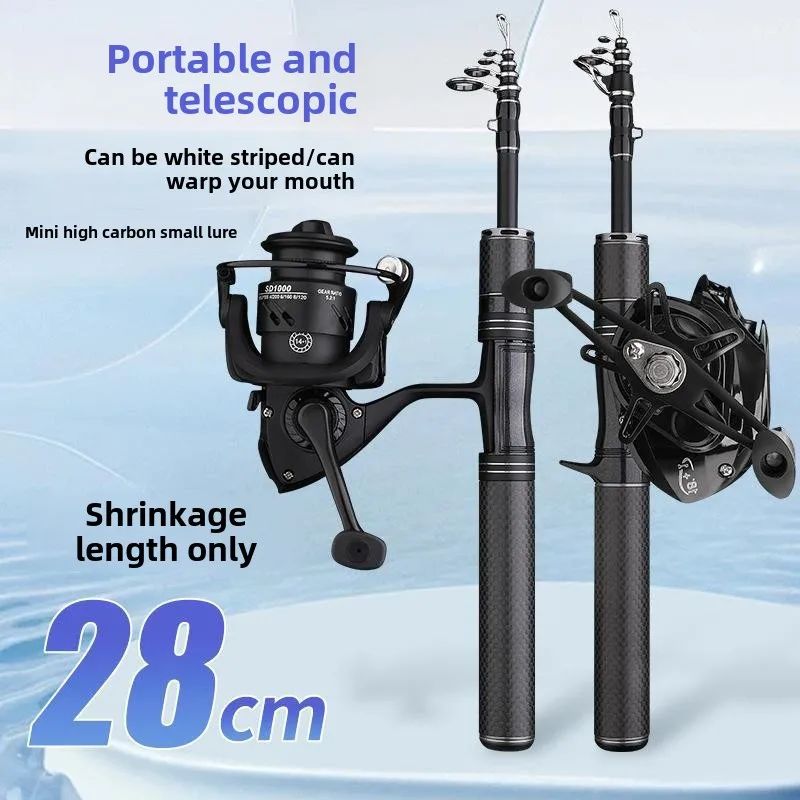 Vara de pesca curta portátil de micro haste de 28 cm, haste branca, com carretel de pesca telescópico ejetor, material de pesca