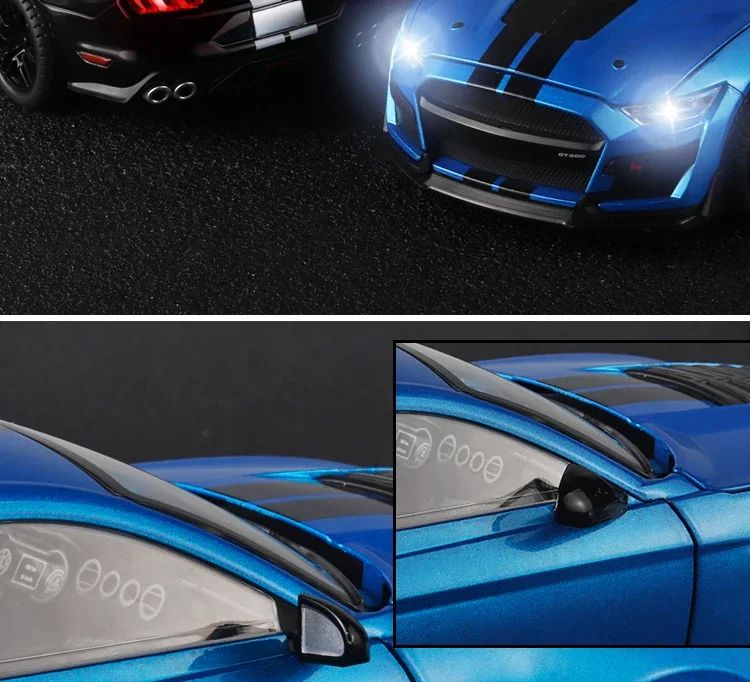 Miniaturas grandes de Ford Mustang GT500 1:18, veículo de liga fundido em metal, modelo colecionável, brinquedos com luz e som, carro de presente para crianças e meninos