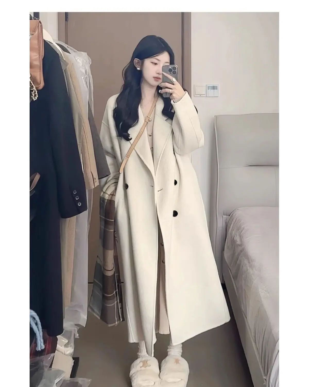 Oatmeal Color Woolen Coat Women's Loose Mid-Length Korean Style Autumn Winter New Arrival Fashion Outerwear Pure Color Full Slee