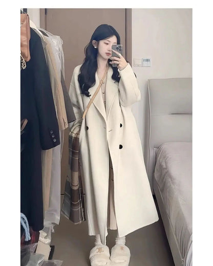 Oatmeal Color Woolen Coat Women's Loose Mid-Length Korean Style Autumn Winter New Arrival Fashion Outerwear Pure Color Full Slee