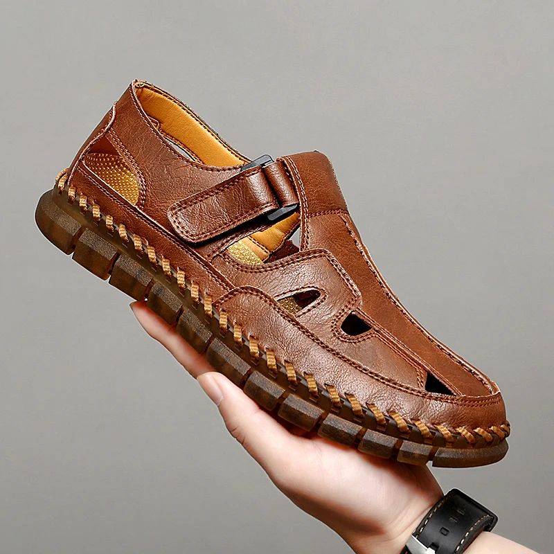 Mens Handmade Casual Leather Sandals Classic Men Beach Shoes Summer Outdoor Walking Male Sneaker Breathable Man Hollow Out Flats