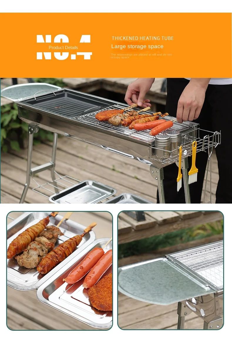 Outdoor Stainless Steel Charcoal Grill Large Size Barbecue Tool Portable Free Installation Handle Folding BBQ Cooking