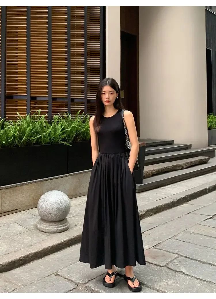 New Vintage Black Tank Top Midi Dress Wedding Dresses for Women Clothing O Neck