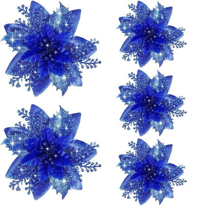 5pcs 14.5cm Glitter Artifical Christmas Flowers Mreey Christmas Tree Decoration Happy New Year Ornaments Xmas Fake Flowers natal