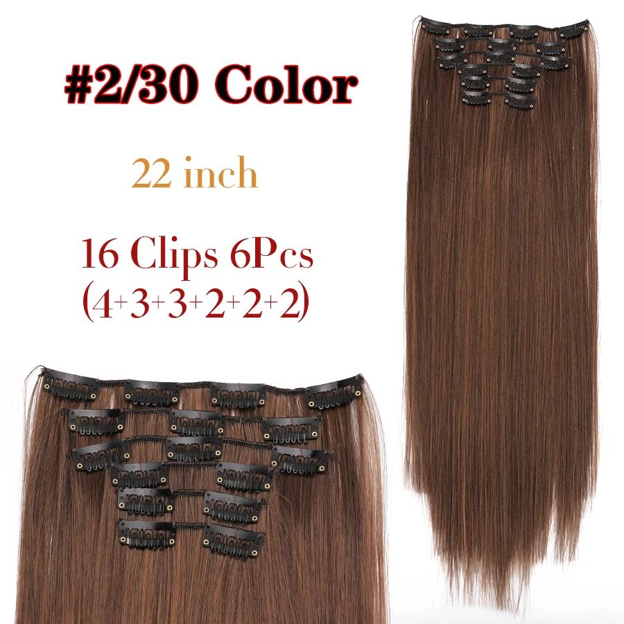 22 Polegadas Sintético Cabelo Liso Longo 16 Clipes 6 Peças/Conjunto Apliques de Cabelo Loiro Preto Resistente ao Calor Para Mulheres