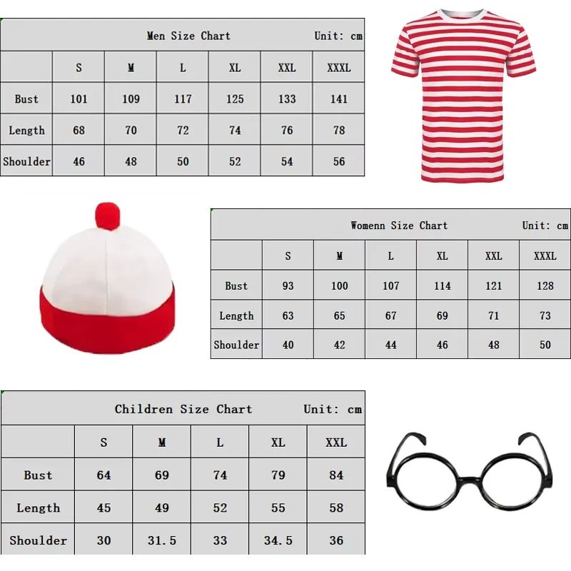 Wheres Youth Family Wally Costume Short Sleeves Glasses and Hat Socks Unisex  Adults Halloween Cosplay Costume