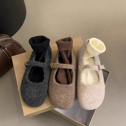 Fashion Square Toe Fleece Flet Ballet Flats Woman Winter Warm Wool Mary Jane Shoes Ladies Brand Design Elegant Plush Loafers