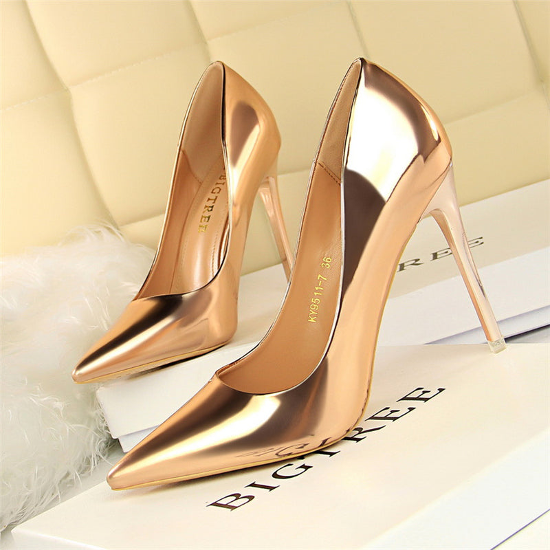 Women Mteallic Bronze Leather Pumps 7.5cm 10.5cm High Heels Lady Stiletto Middle Heels Wedding Bridal Gold Silver Event Shoes