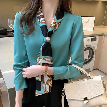 FANAN Elegant Fashion Office Lady Bow Solid Chiffon Shirts Women Clothing New Long Sleeve V-Neck Pullover Top Blouses Female2025