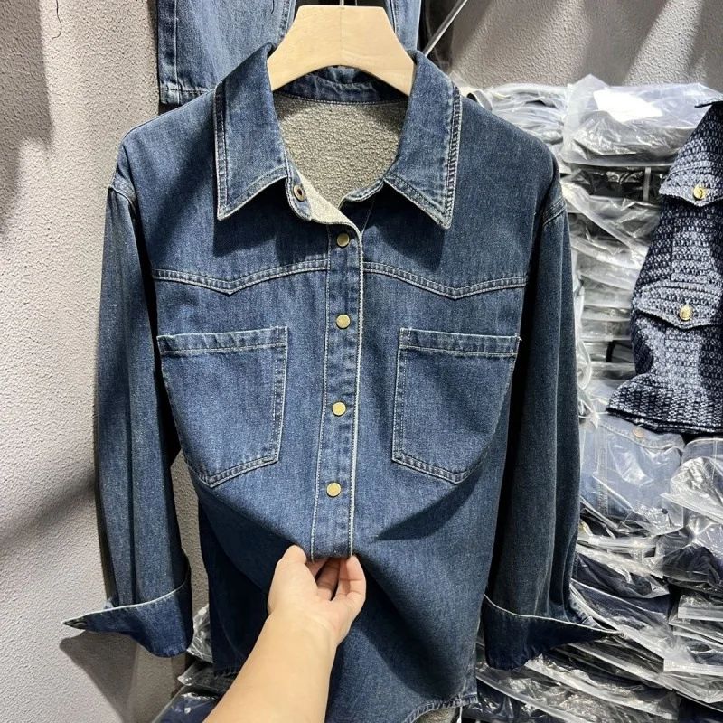 Women's Fleece Lined Thick Denim Shirt Long Sleeve Retro Outerwear Top Quality Material Fashionable Design Spring Autumn Essenti