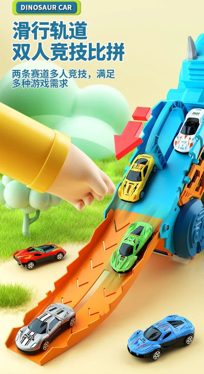 Brinquedo Dinossauro para Crianças Meninos de 3 a 5 Anos, Conjunto de Pista de Carros Caminhão Transportador de Dinossauros com Carrinhos Diecast que se Transformam em Dinossauros