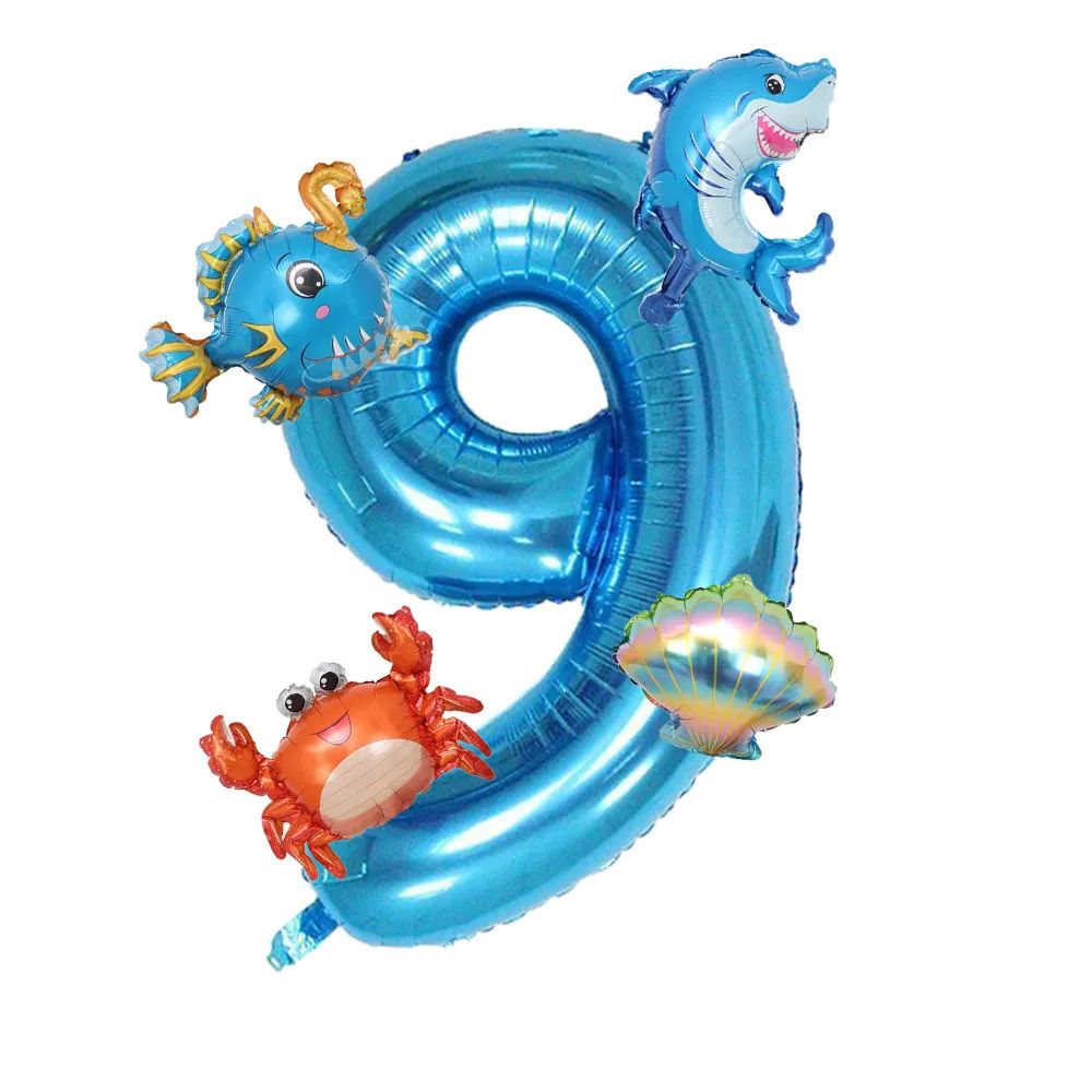 5Pcs Mini Blue Ocean Balloon Set Blue Number Balloon Set Ocean Animals Shark Crab Themed Birthday Party Decorations Gifts
