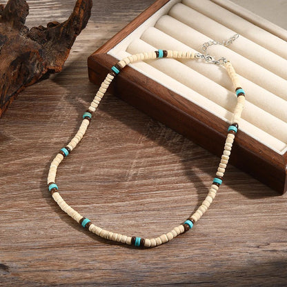 Colar Masculino Artesanal de Contas de Madeira e Argila Colar Fashion Vintage Africano de Contas Brancas para Homens Colar de Surfista de Praia Joias Tribais