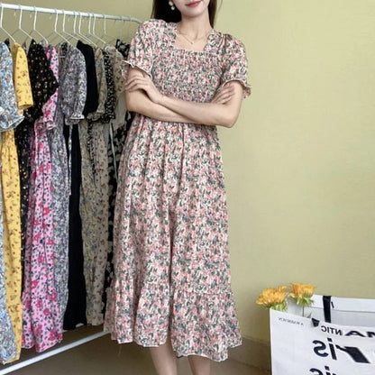 Spring Summer Elastic Waist Chiffon Dress Women Casual Dresses Fashion Female  Vestidos Short Sleeve Pleated A-line Dresses