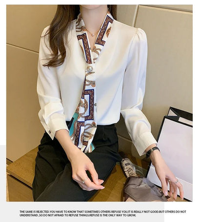 FANAN Elegant Fashion Office Lady Bow Solid Chiffon Shirts Women Clothing New Long Sleeve V-Neck Pullover Top Blouses Female2025
