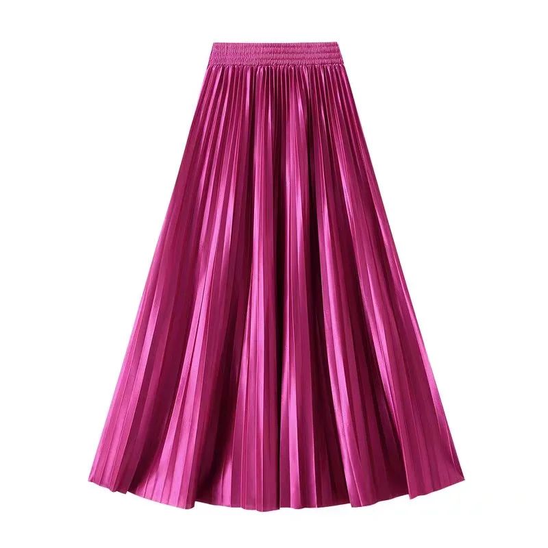 High Waist Satin Pleated Skirt 1 Meter Long Floor Length Pearl Glitter A- Line Umbrella Half Body Skirts Polyester Fiber