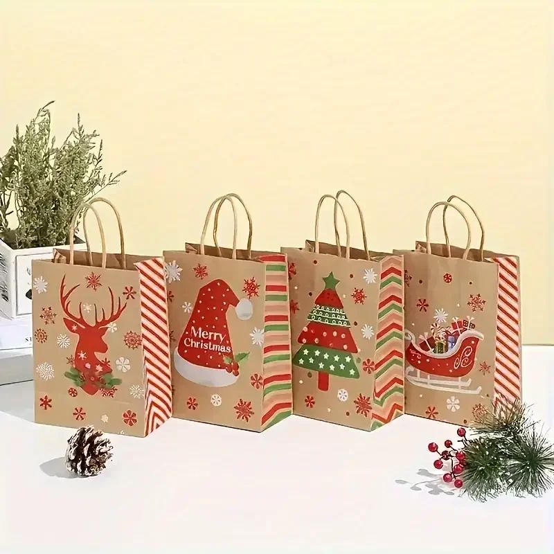 Christmas Kraft Gift Bags with Handles Snowman Santa Tree Designs Geometric Pattern Paper Tote Bags Party Xmas Decoration