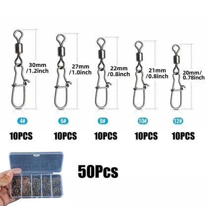 Giradores de Pesca de Aço Inoxidável com Mosquetão 4#-12# Rolamento Conector Duo-Lock Kit Pesca Água Salgada Doce Isca Equipamento 50-200 Peças