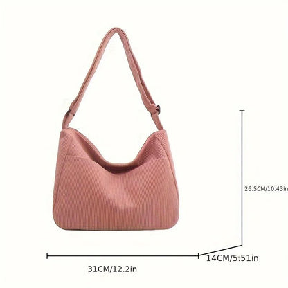 Women’s Corduroy Shoulder Bag Casual Striped Large Capacity Tote with Zipper Closure, Cute Hat Patch, Perfect for Everyday Use